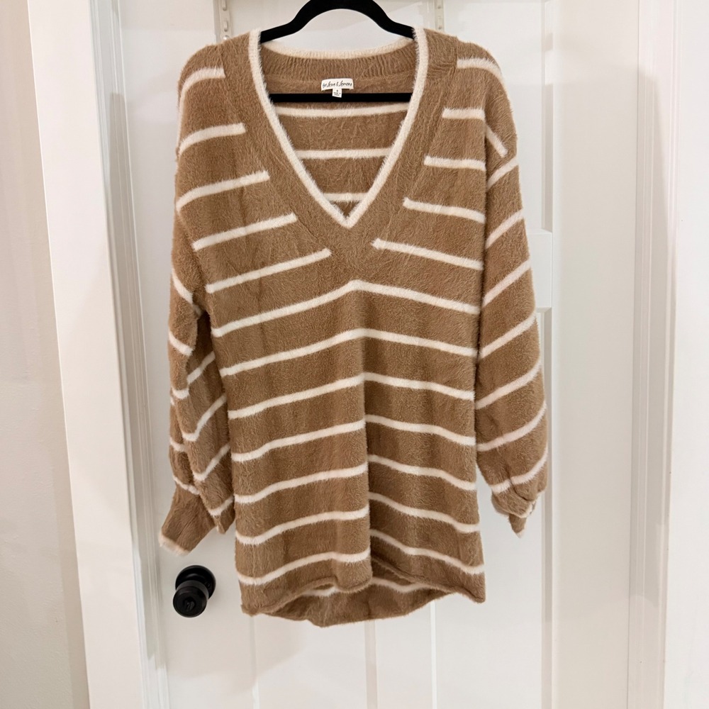 For Love & Lemons Brown White Striped Fuzzy V-Neck Balloon Sleeve Sweater S Cozy